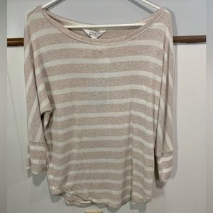 Market and Spruce light tan and cream striped 3/4 length shirt.